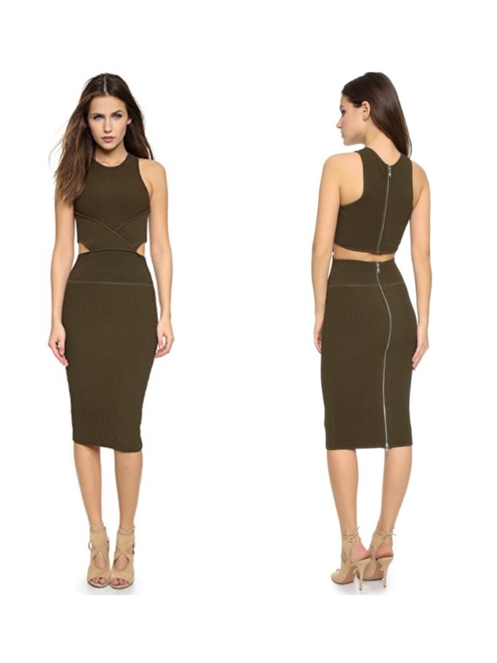Ronny Kobo Megan Dress Olive Green Ribbed Cutout Size Medium M